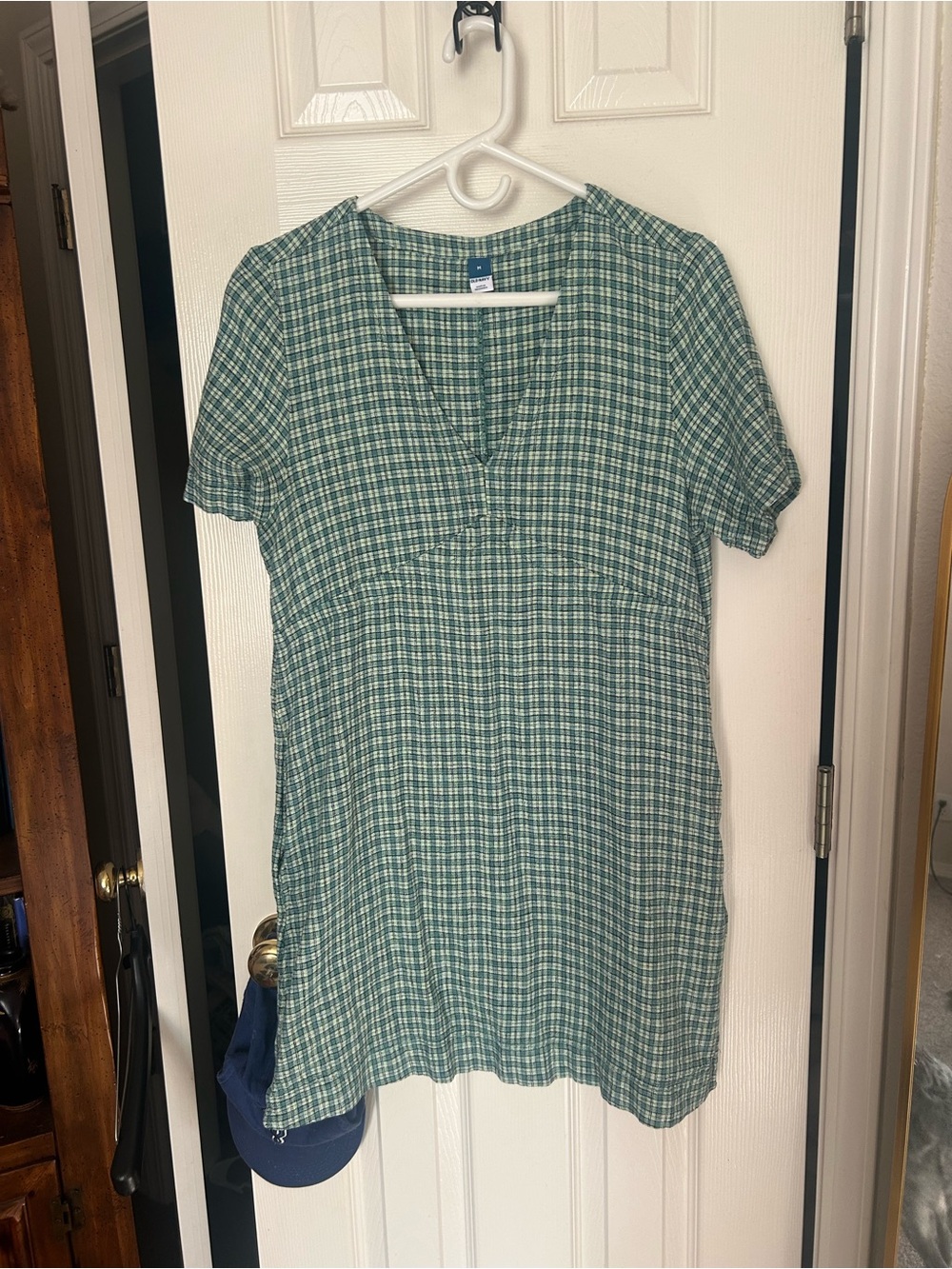 Green Plaid Short-Sleeve Shirt Dress
